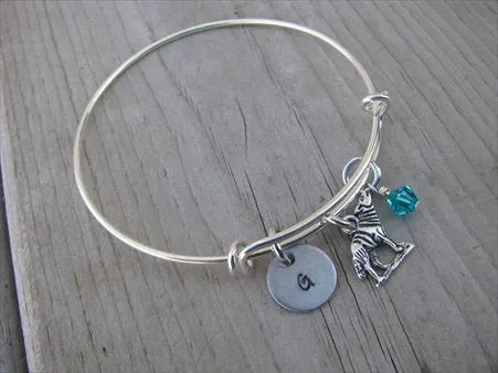 Wolf Charm Bracelet- Adjustable Bangle Bracelet with an Initial Charm and an Accent Bead of your choice