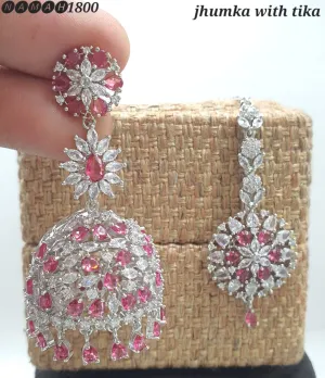 Women's Designer American Diamond Antique Stone Jhumka With Earrings Set