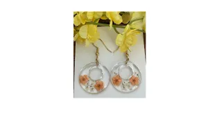 Yellow & White Flowers in Resin Earrings with Hole in Center on Gold Hooks